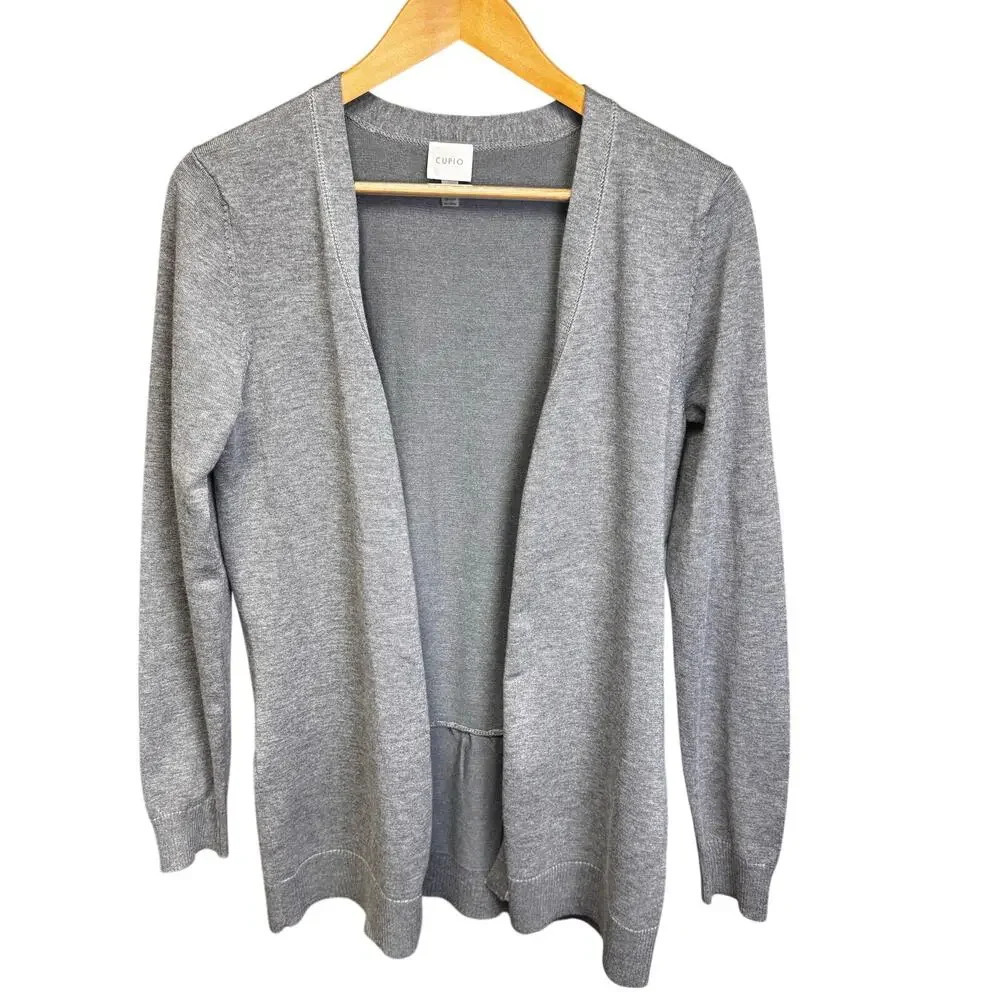 Cupio Open Front Gray Cardigan Sweater Back Ruffle Hem Women’s M‎